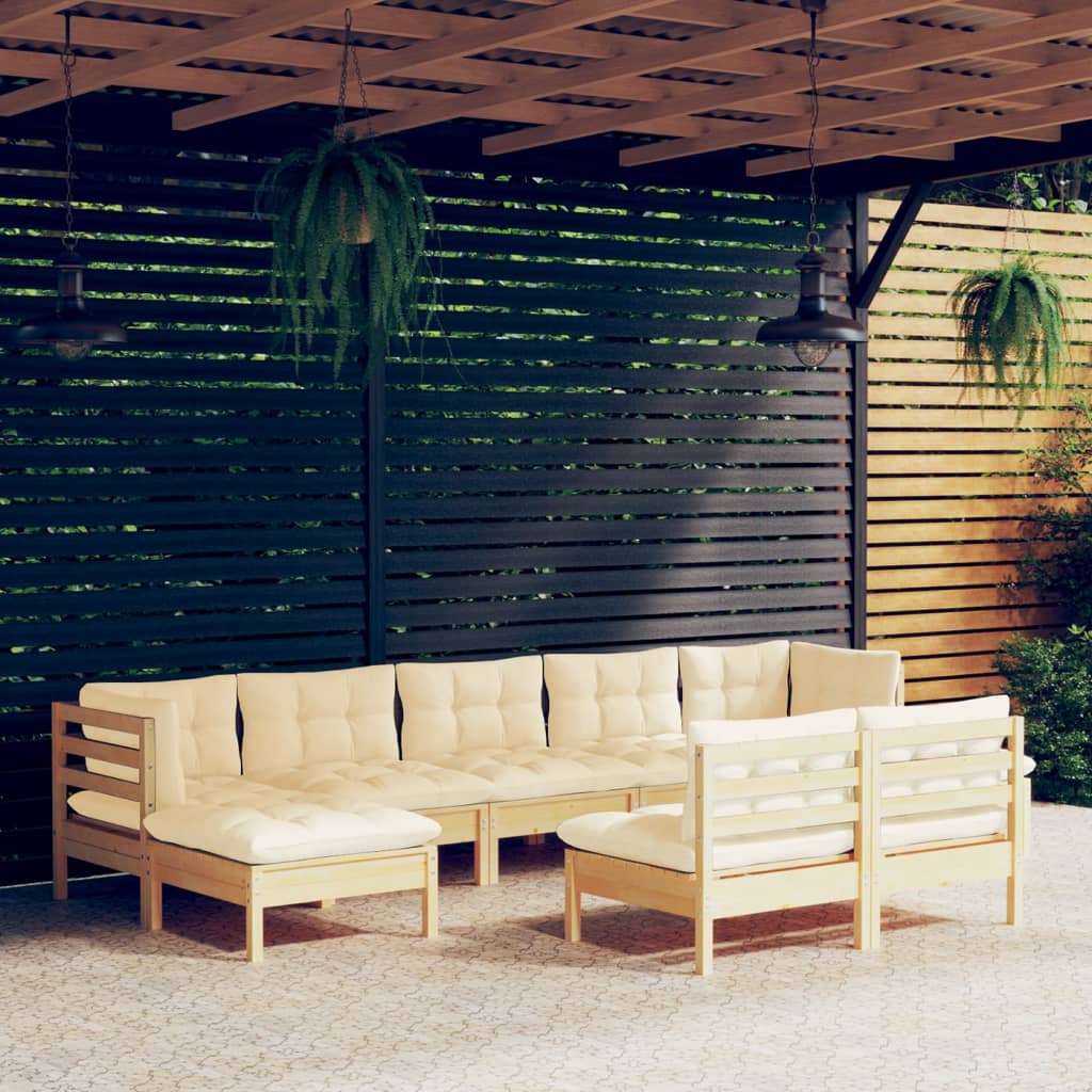 Set Salotto da Giardino 9 pz con Cuscini Crema in Legno di Pino