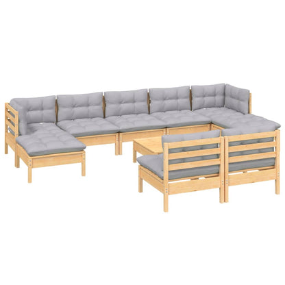 Set Divani da Giardino 10 pz con Cuscini Grigi Massello di Pino