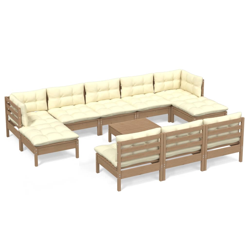 Set Salotto Giardino 11pz con Cuscini Marrone Ambra Legno Pino