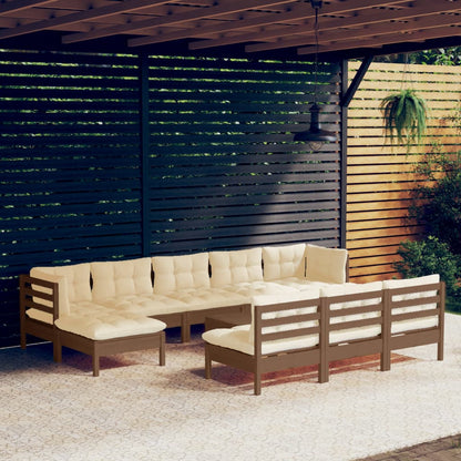 Set Salotto Giardino 11pz con Cuscini Marrone Ambra Legno Pino