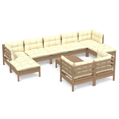 Set Salotto Giardino 10pz con Cuscini Marrone Ambra Legno Pino