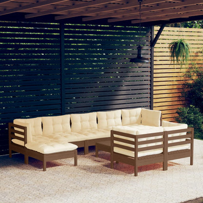 Set Salotto Giardino 10pz con Cuscini Marrone Ambra Legno Pino