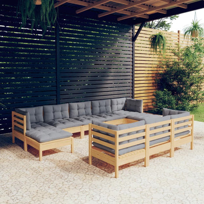 Set Divani da Giardino 10 pz con Cuscini Grigi Massello di Pino