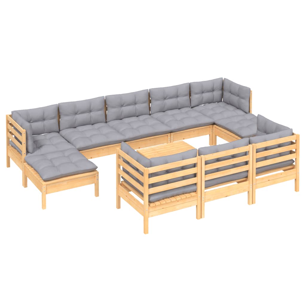Set Divani da Giardino 11 pz con Cuscini Grigi Massello di Pino