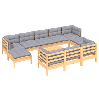 Set Divani da Giardino 11 pz con Cuscini Grigi Massello di Pino