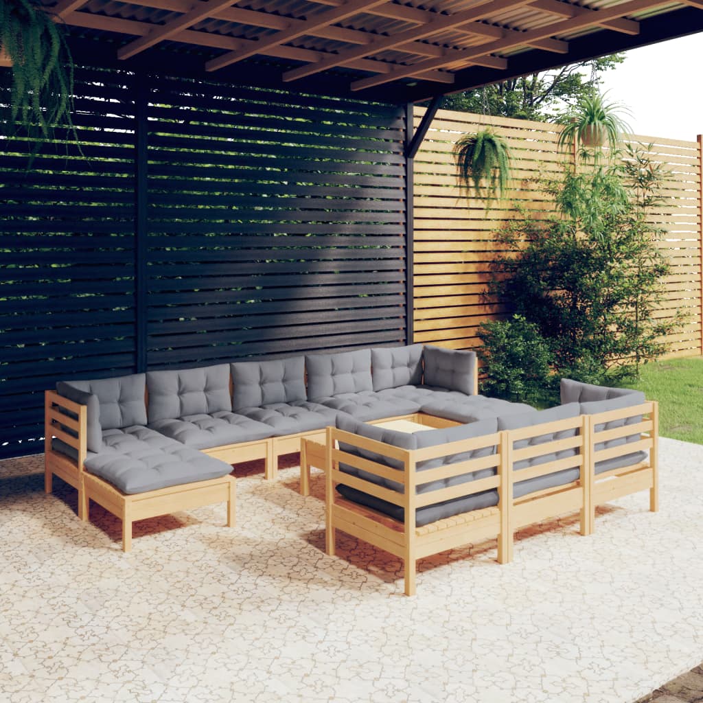 Set Divani da Giardino 11 pz con Cuscini Grigi Massello di Pino