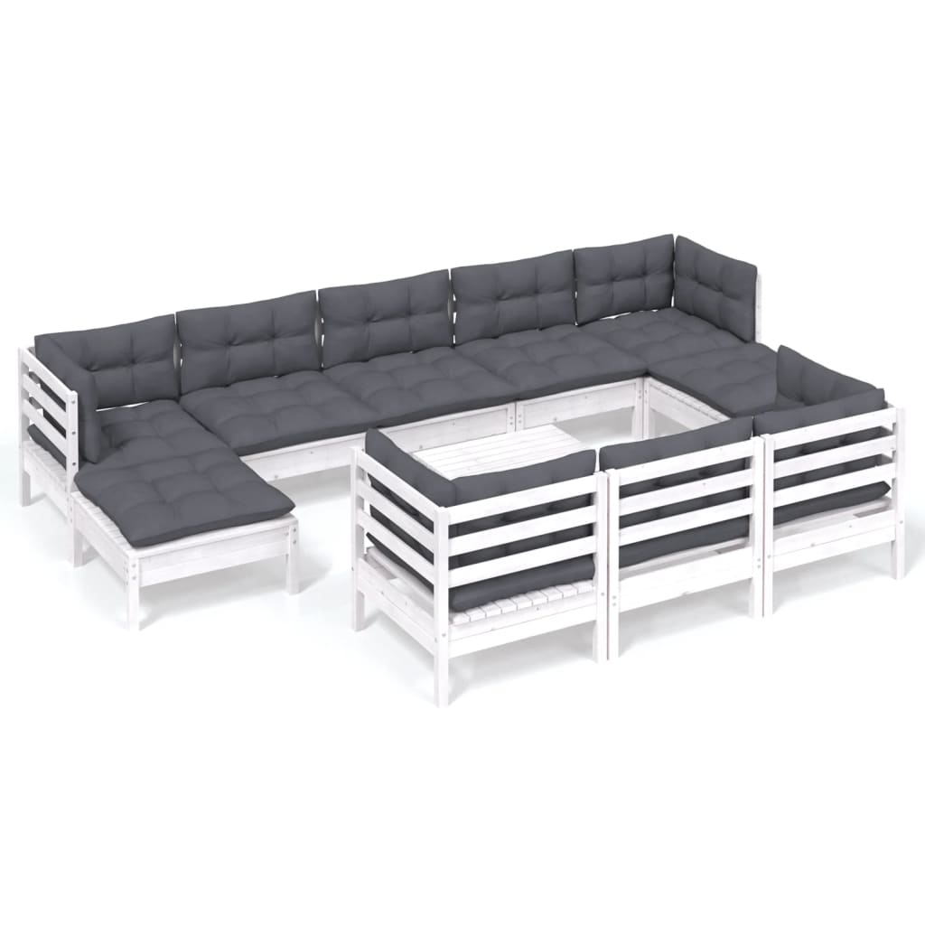 Set Divani da Giardino 11 pz con Cuscini Bianchi Legno di Pino