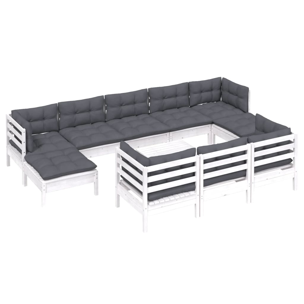 Set Divani da Giardino 11 pz con Cuscini Bianchi Legno di Pino
