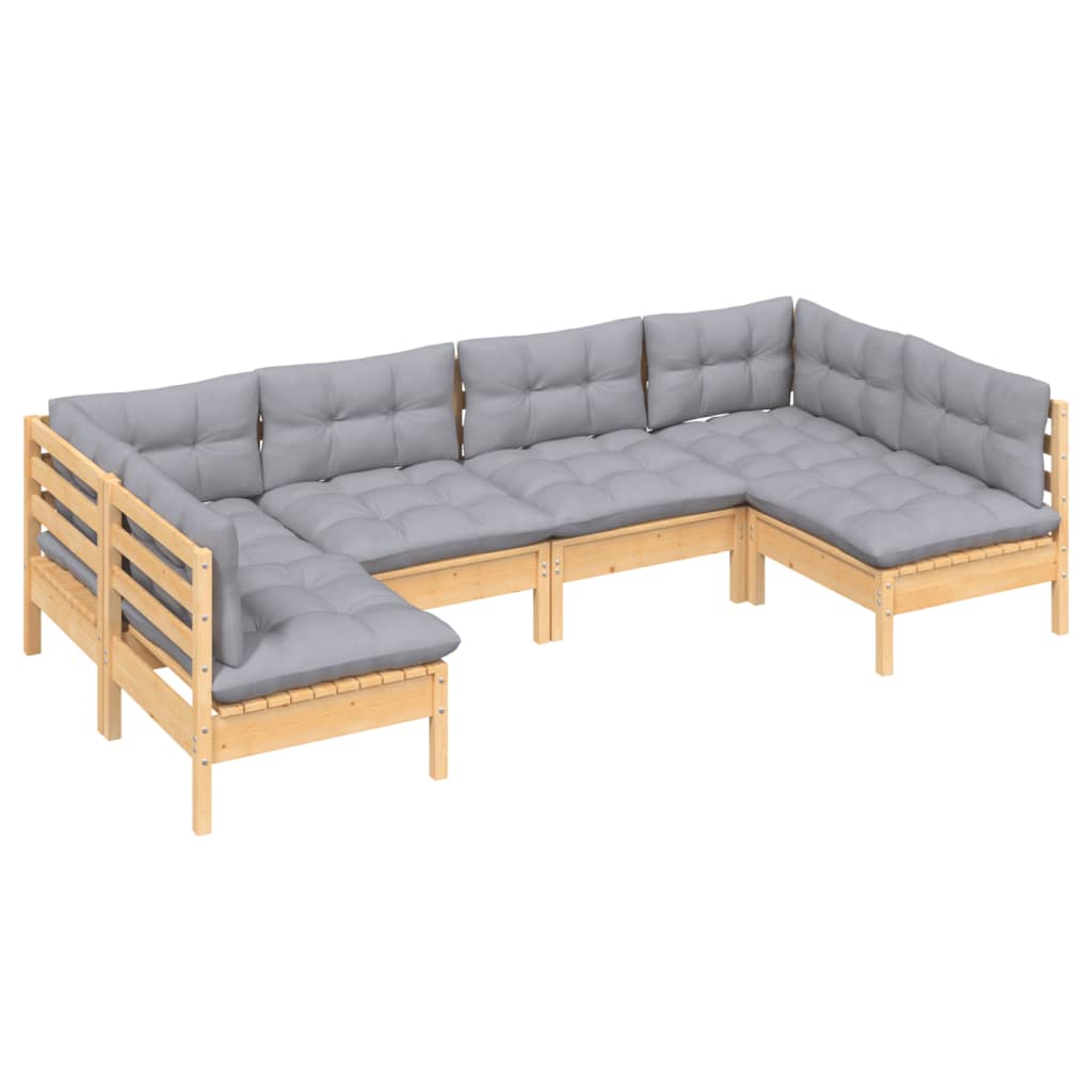 Set Divani da Giardino 6 pz con Cuscini Grigi Massello di Pino
