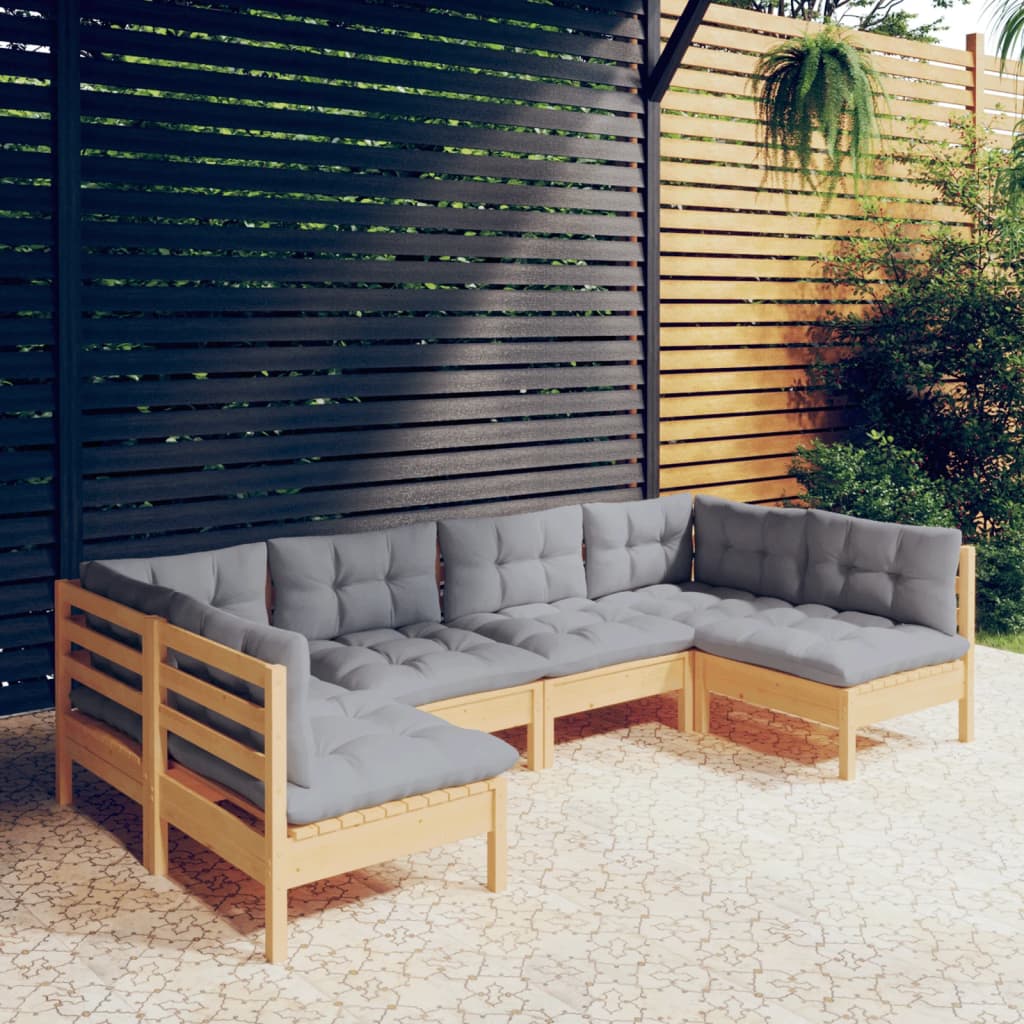 Set Divani da Giardino 6 pz con Cuscini Grigi Massello di Pino