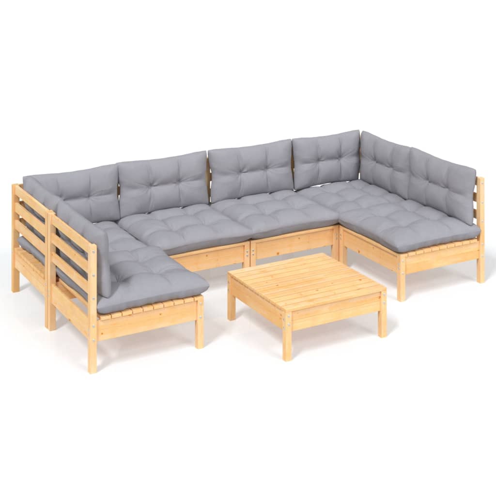 Set Divani da Giardino 7 pz con Cuscini Grigi Massello di Pino