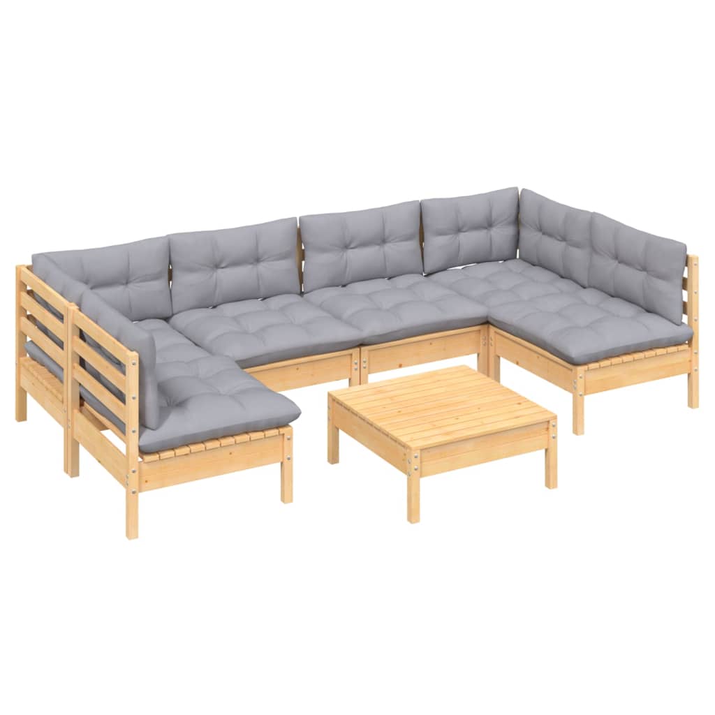 Set Divani da Giardino 7 pz con Cuscini Grigi Massello di Pino