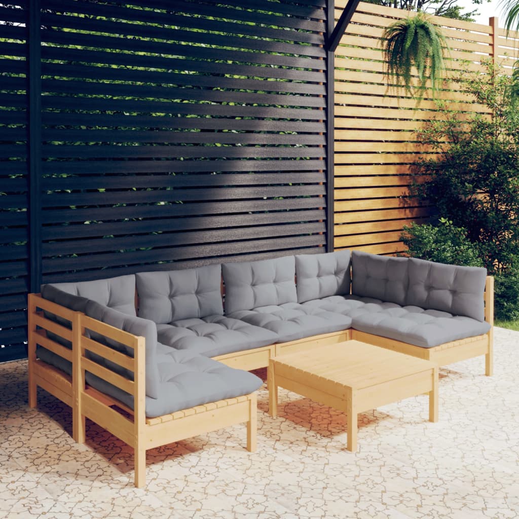 Set Divani da Giardino 7 pz con Cuscini Grigi Massello di Pino