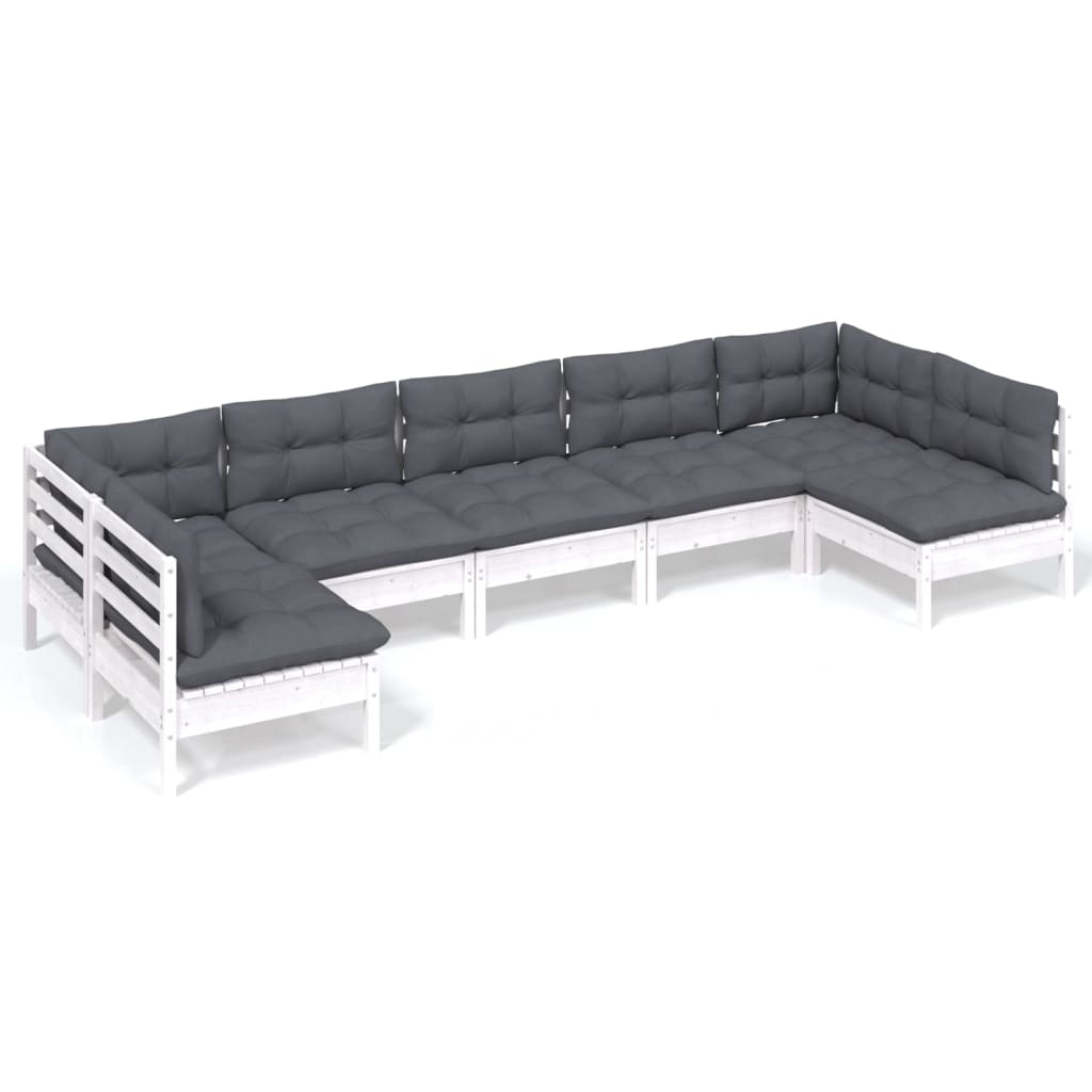 Set Divani da Giardino 7 pz con Cuscini Bianchi Legno di Pino