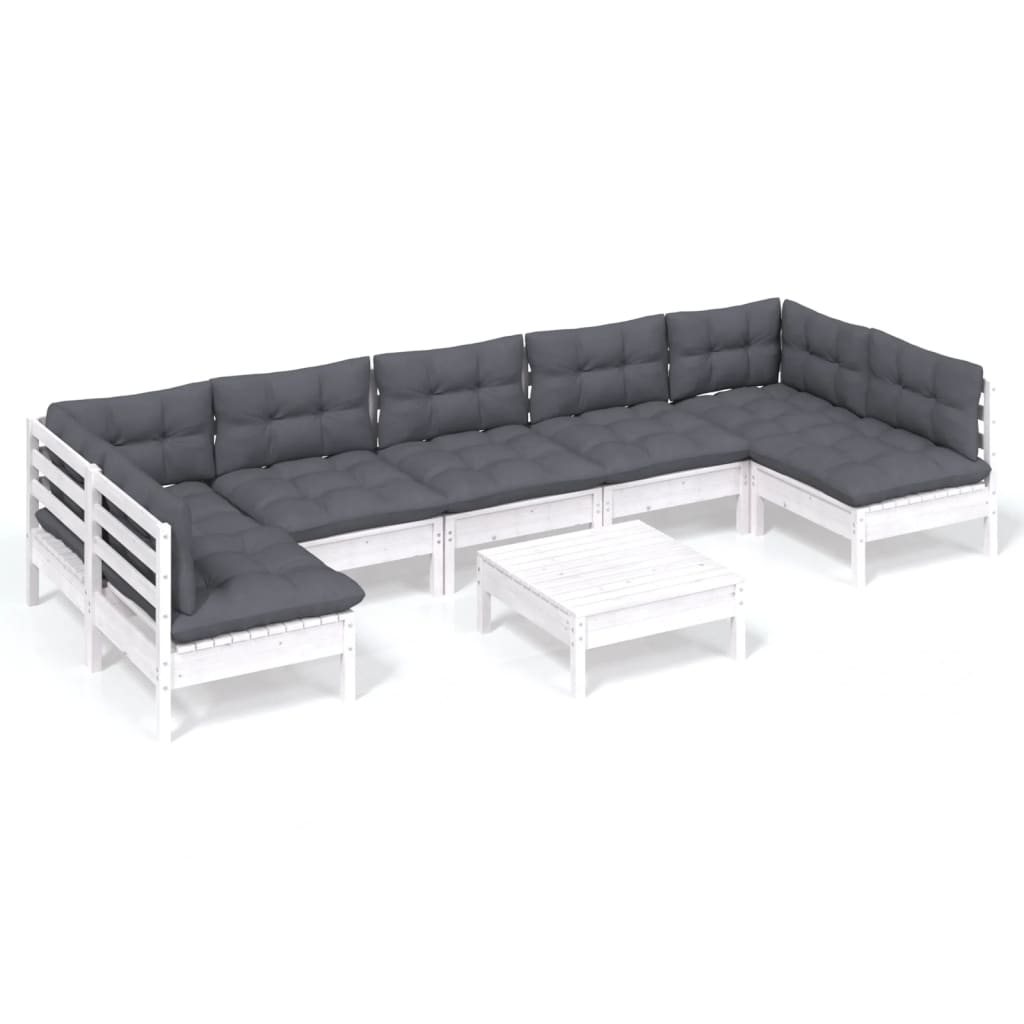 Set Divani da Giardino 8 pz con Cuscini Bianchi Legno di Pino
