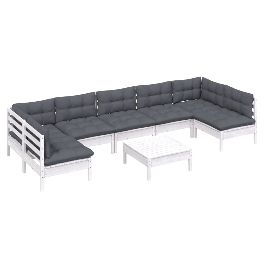 Set Divani da Giardino 8 pz con Cuscini Bianchi Legno di Pino
