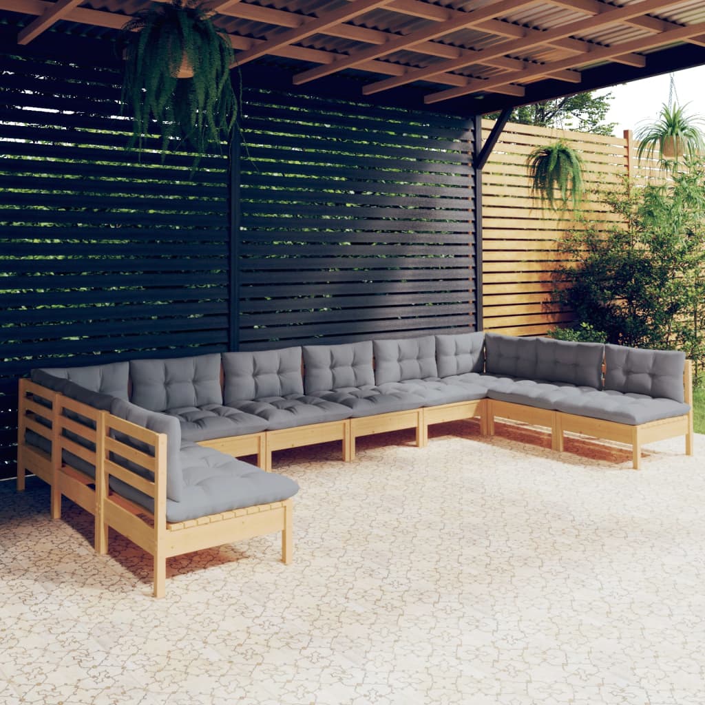 Set Divani da Giardino 10 pz con Cuscini Grigi Massello di Pino