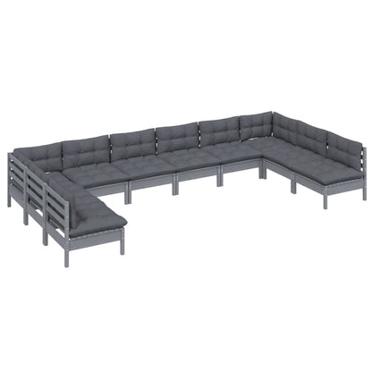 Set Divani da Giardino 10 pz con Cuscini Grigi Massello di Pino