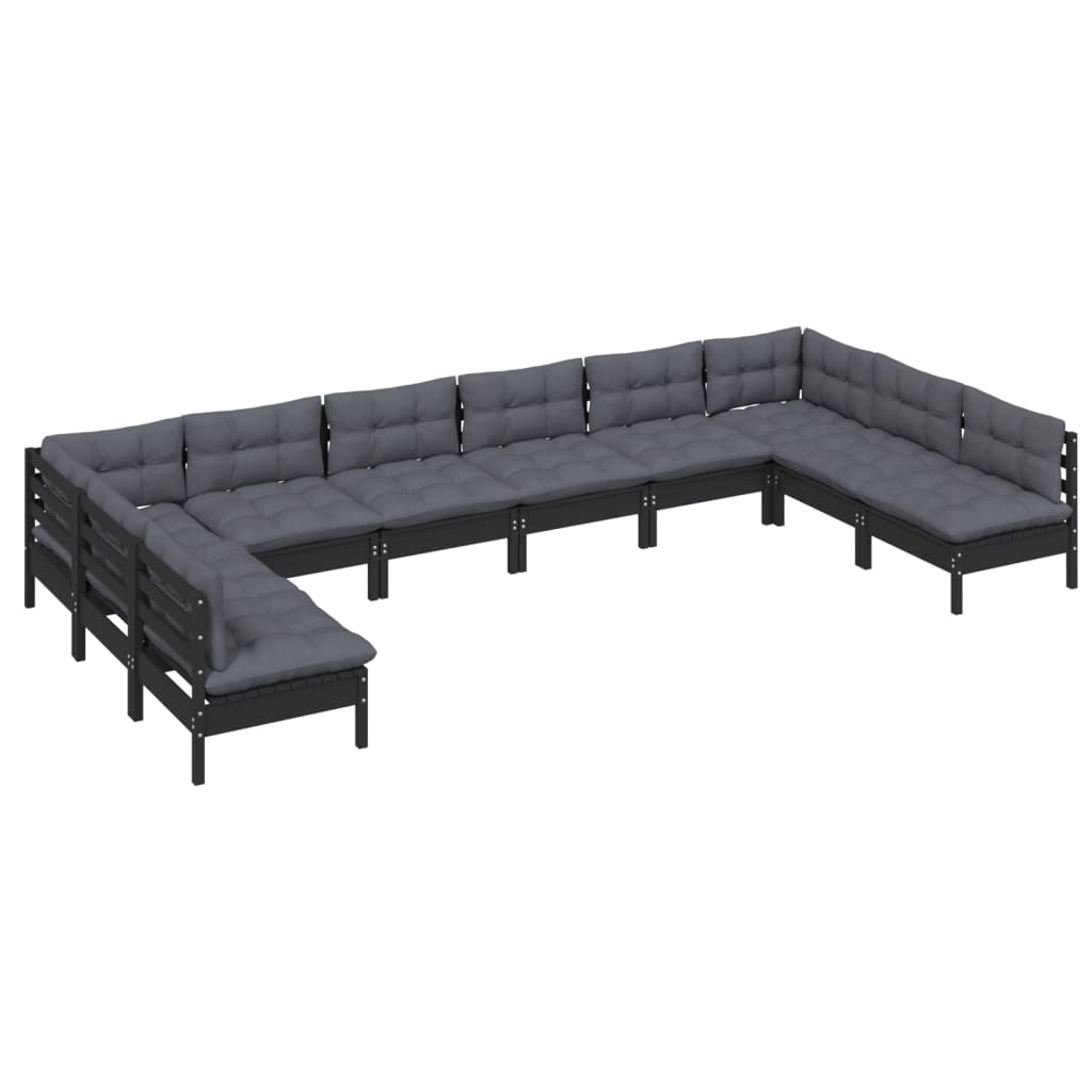 Set Divani da Giardino 10 pz con Cuscini Neri Massello di Pino