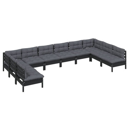 Set Divani da Giardino 10 pz con Cuscini Neri Massello di Pino