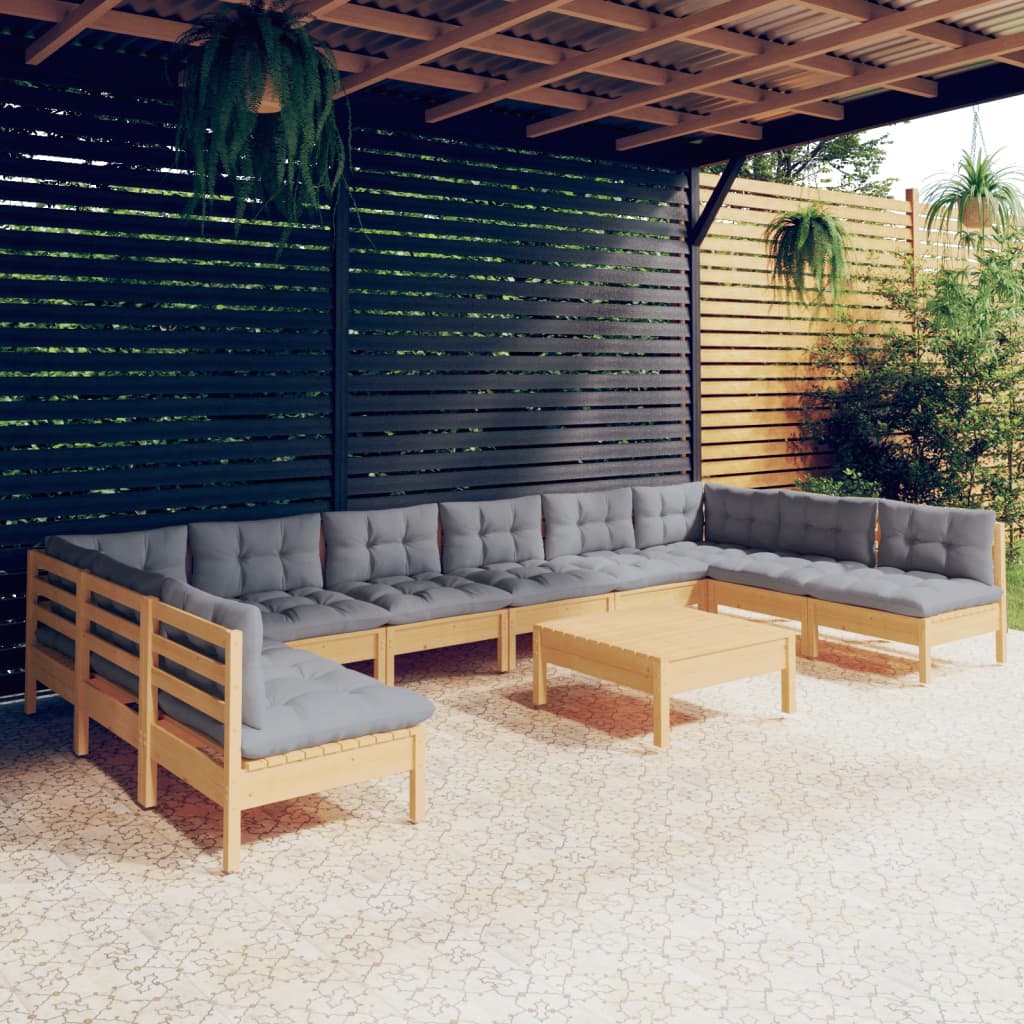 Set Divani da Giardino 11 pz con Cuscini Grigi Massello di Pino