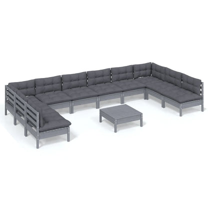 Set Divani da Giardino 11 pz con Cuscini Grigi Massello di Pino