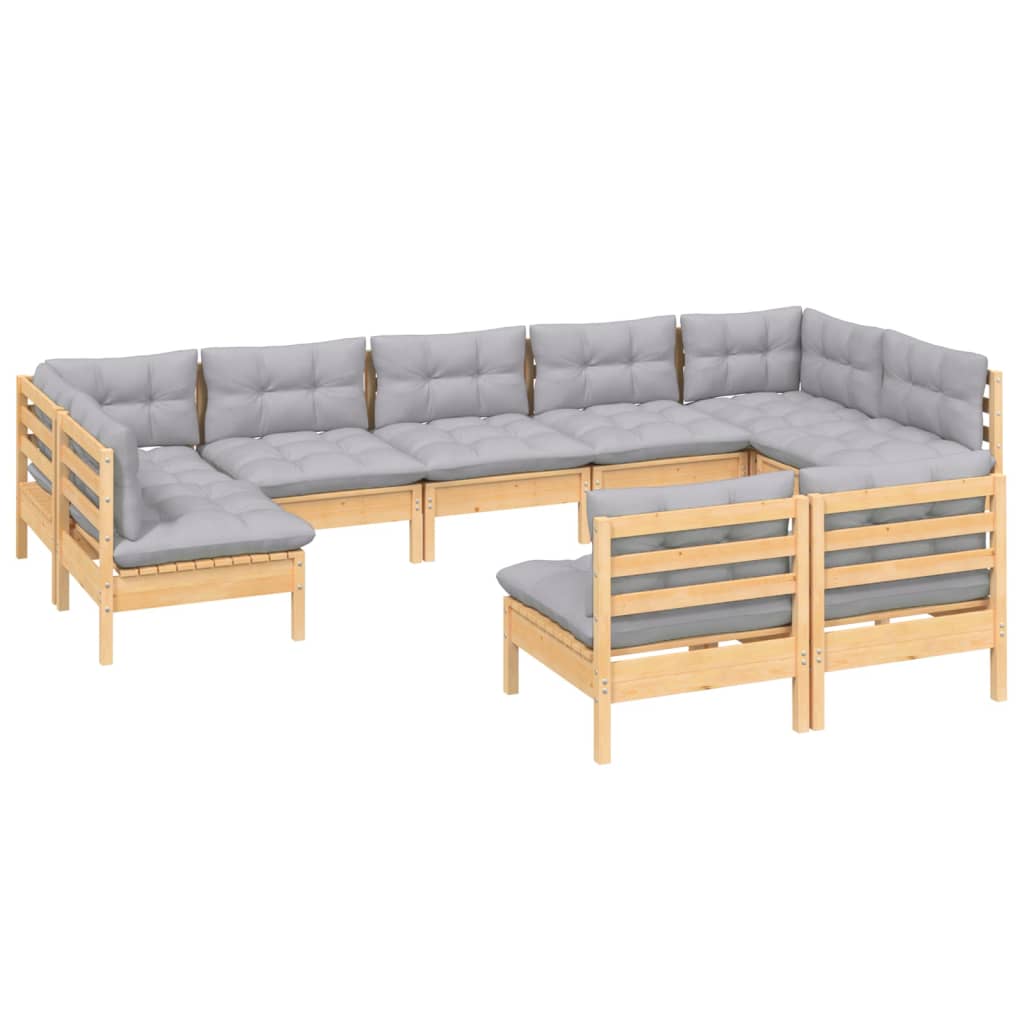 Set Divani da Giardino 9 pz con Cuscini Grigi Massello di Pino