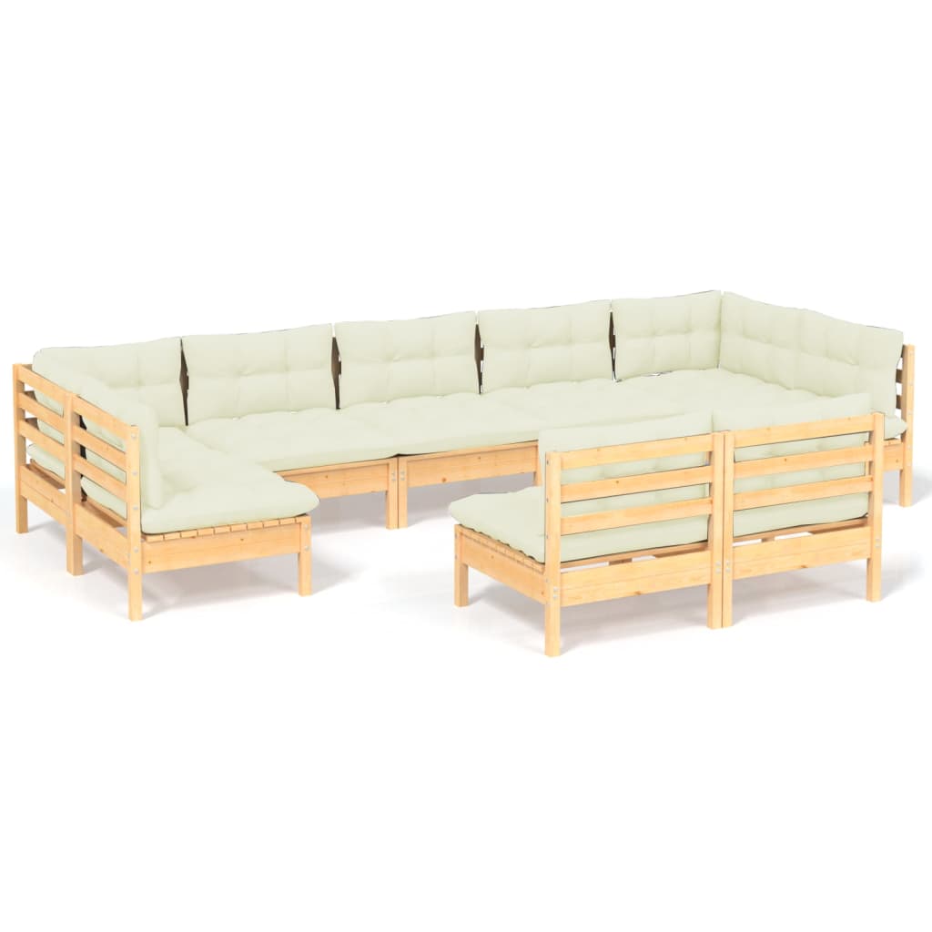 Set Divani da Giardino 9 pz con Cuscini Crema Massello di Pino