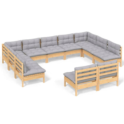 Set Divani da Giardino 11 pz con Cuscini Grigi Massello di Pino
