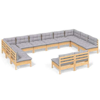 Set Divani da Giardino 12 pz con Cuscini Grigi Massello di Pino