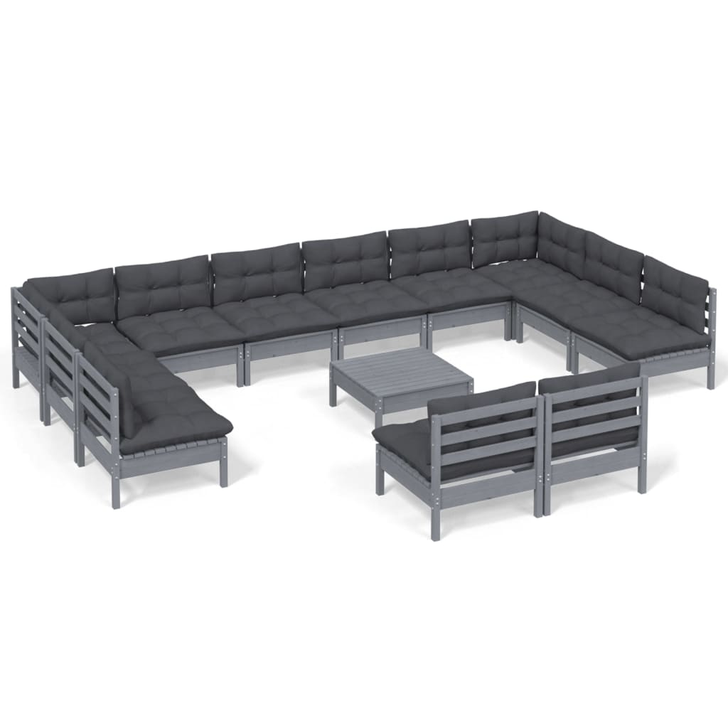 Set Divani da Giardino 13 pz con Cuscini Grigi Massello di Pino