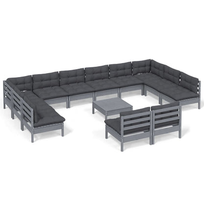 Set Divani da Giardino 13 pz con Cuscini Grigi Massello di Pino