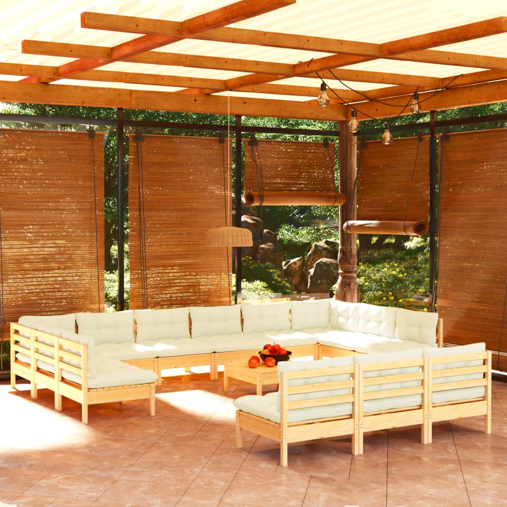 Set Divani da Giardino 14 pz con Cuscini Crema Massello di Pino
