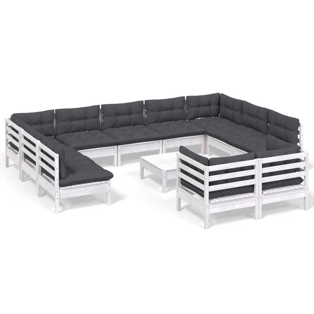 Set Divani da Giardino 12 pz con Cuscini Bianchi Legno di Pino