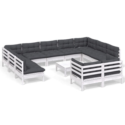 Set Divani da Giardino 12 pz con Cuscini Bianchi Legno di Pino