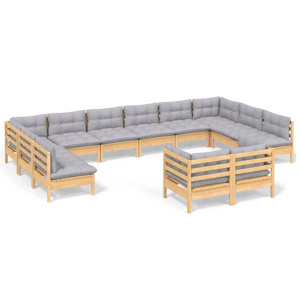 Set Divani da Giardino 12 pz con Cuscini Grigi Massello di Pino