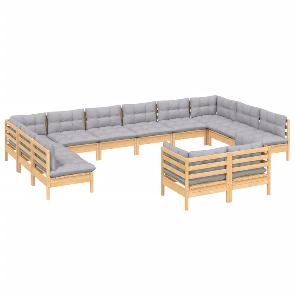 Set Divani da Giardino 12 pz con Cuscini Grigi Massello di Pino