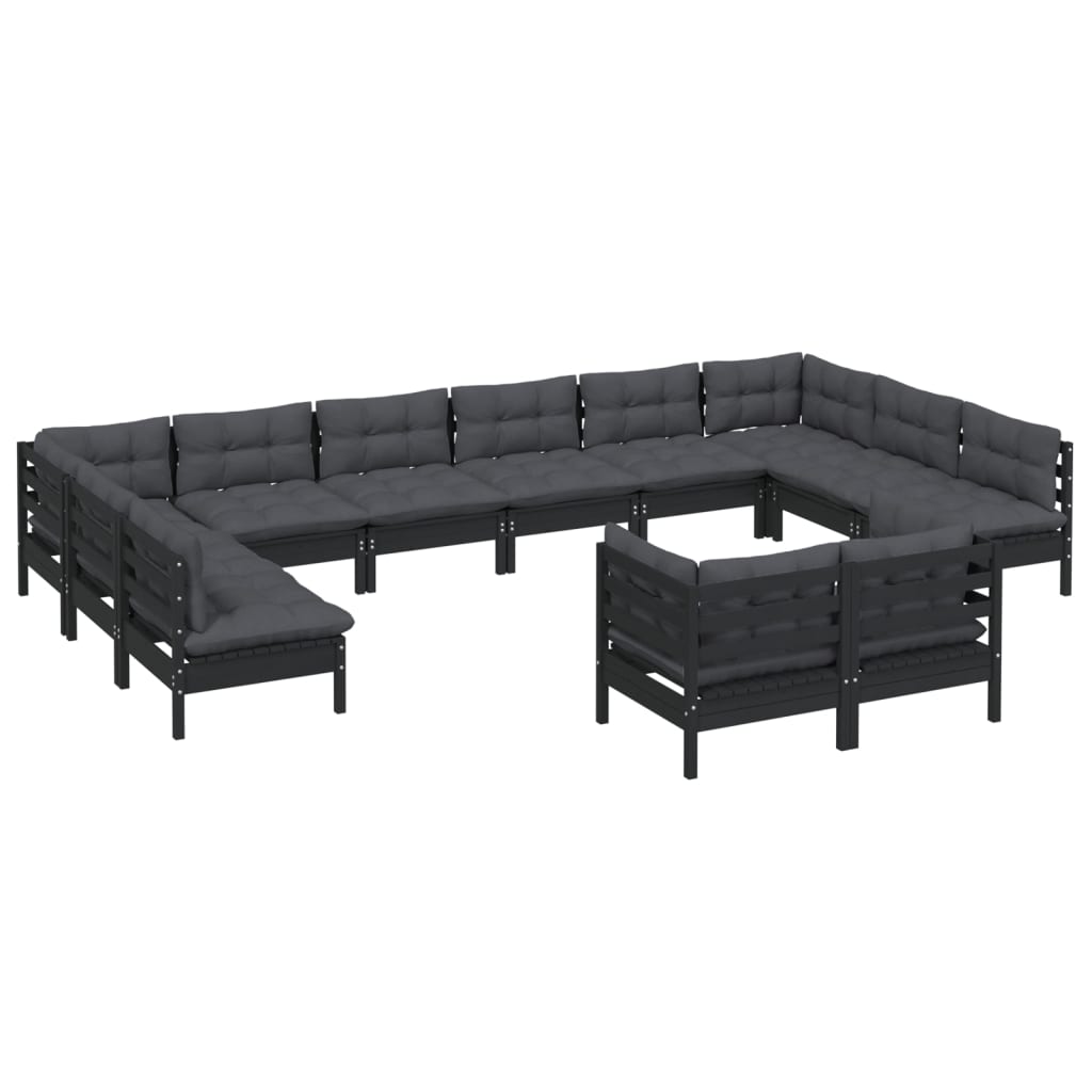 Set Divani da Giardino 12 pz con Cuscini Neri Massello di Pino
