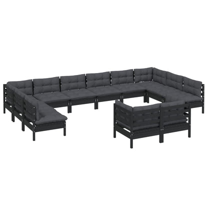 Set Divani da Giardino 12 pz con Cuscini Neri Massello di Pino