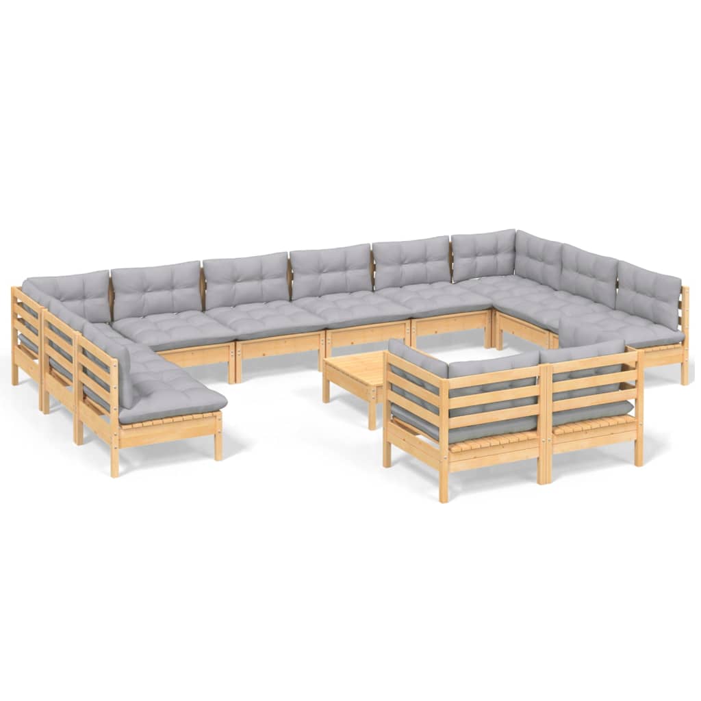 Set Divani da Giardino 13 pz con Cuscini Grigi Massello di Pino