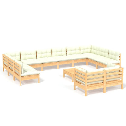 Set Salotto da Giardino 13pz con Cuscini Crema in Legno di Pino