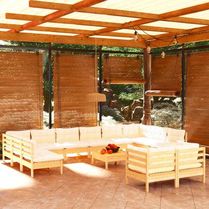 Set Salotto da Giardino 13pz con Cuscini Crema in Legno di Pino