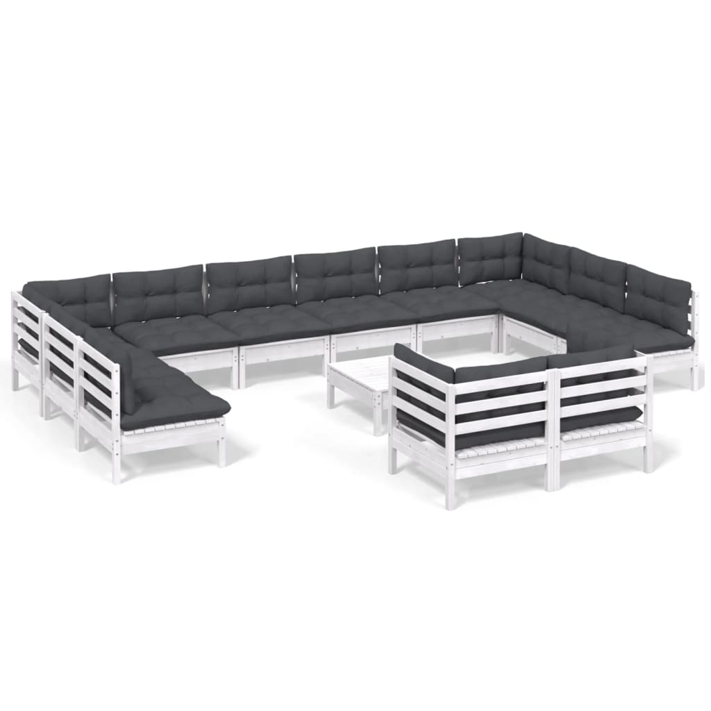 Set Divani da Giardino 13 pz con Cuscini Bianchi Legno di Pino