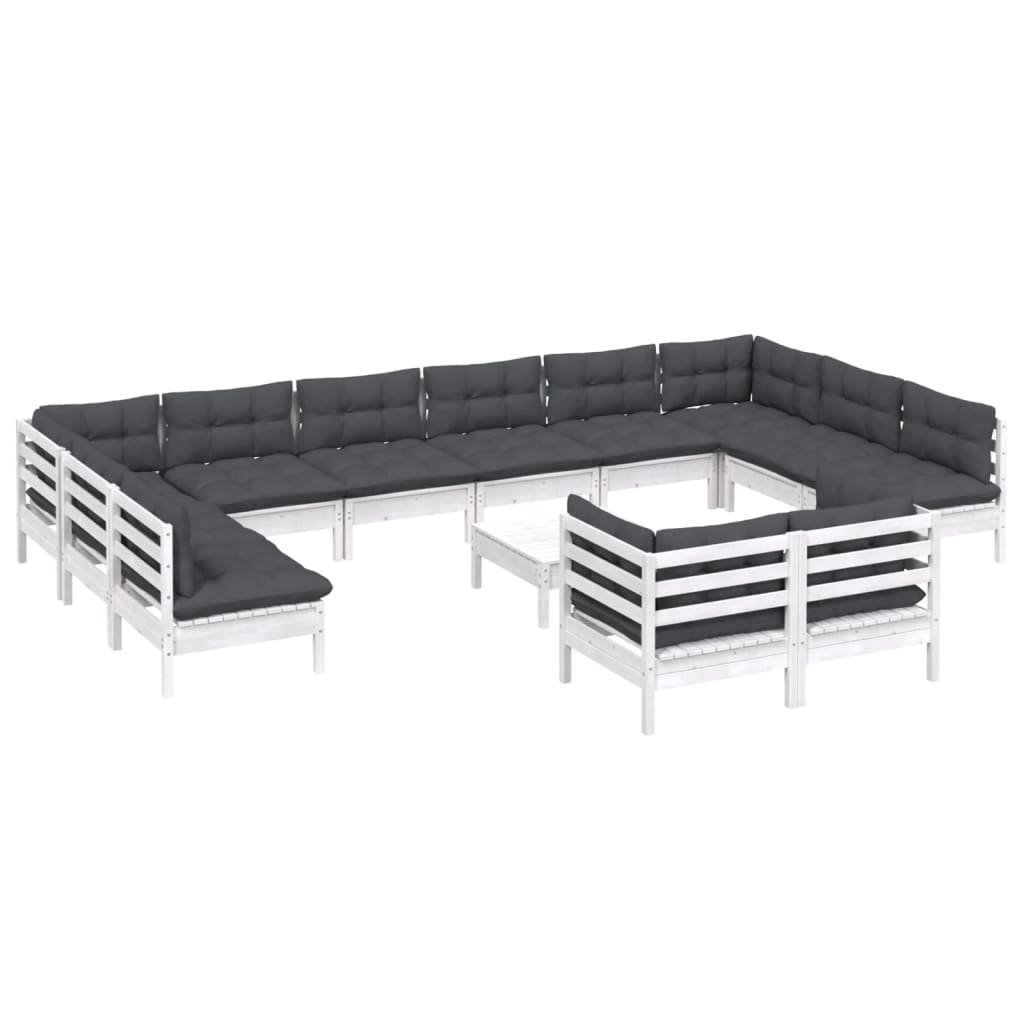 Set Divani da Giardino 13 pz con Cuscini Bianchi Legno di Pino