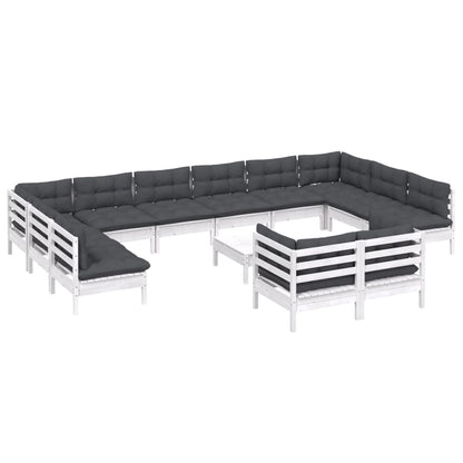Set Divani da Giardino 13 pz con Cuscini Bianchi Legno di Pino