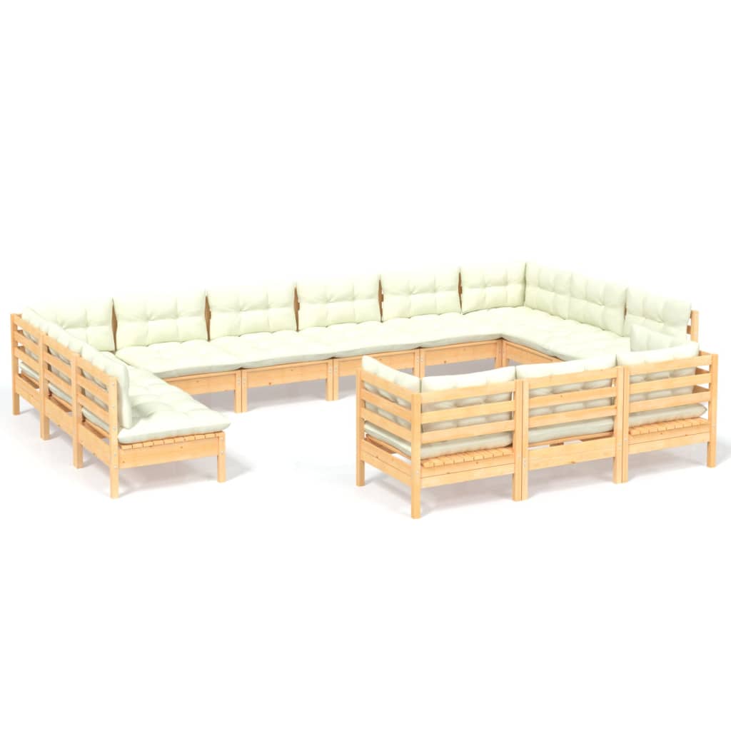 Set Salotto da Giardino 13pz con Cuscini Crema in Legno di Pino