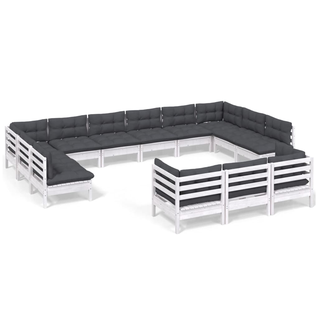 Set Divani da Giardino 13 pz con Cuscini Bianchi Legno di Pino