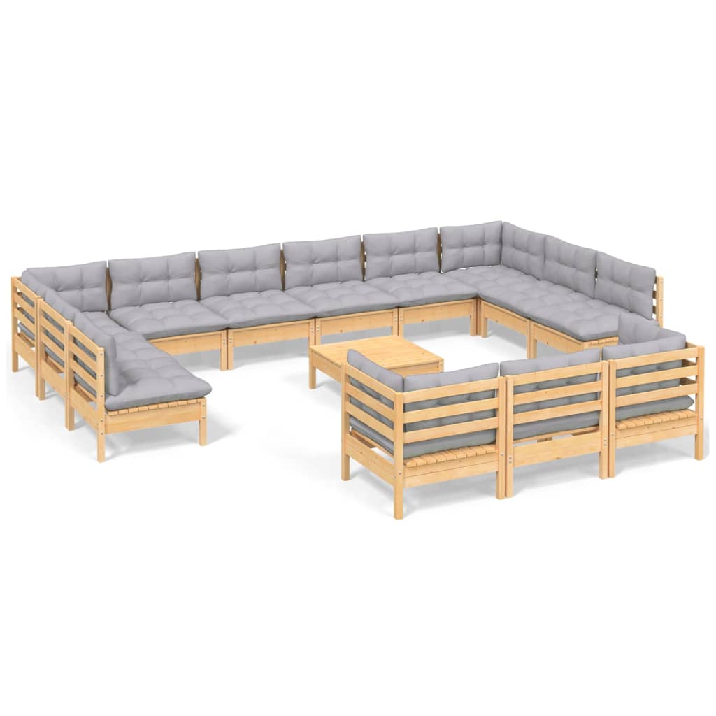 Set Divani da Giardino 14 pz con Cuscini Grigi Massello di Pino