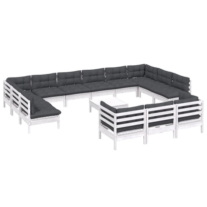 Set Divani da Giardino 14 pz con Cuscini Bianchi Legno di Pino