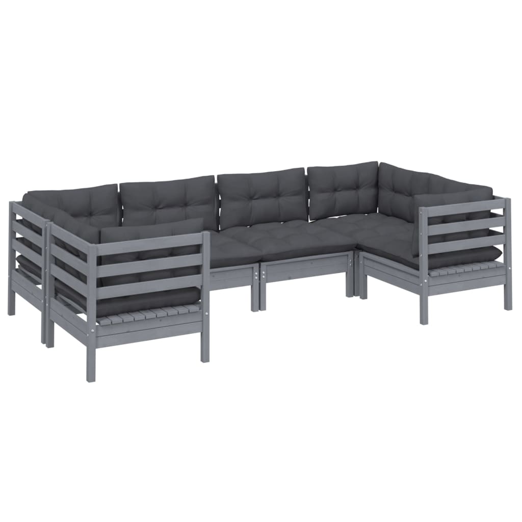 Set Divani da Giardino 6 pz con Cuscini Grigi Massello di Pino